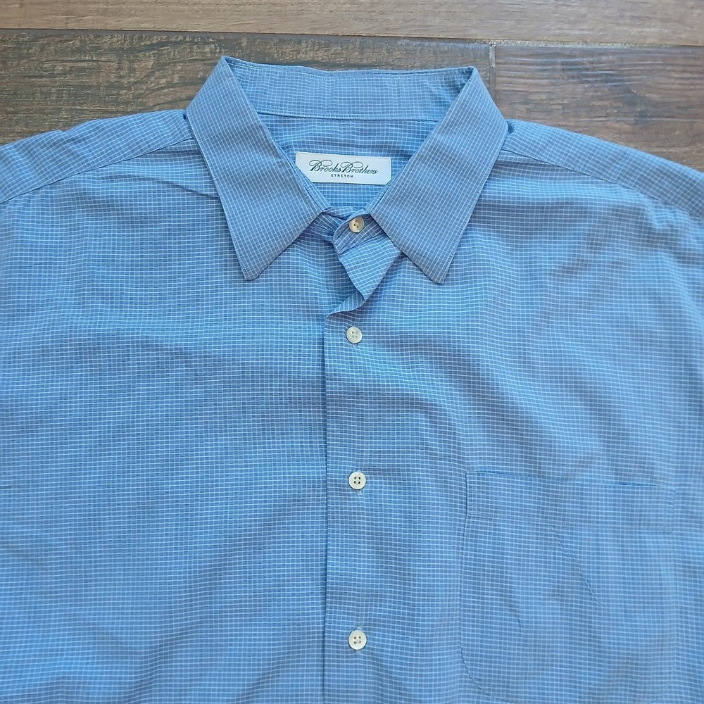 Brooks Brothers Shirt Mens 15.5 32/33 Blue Check Gingham Cotton Stretch Casual‎